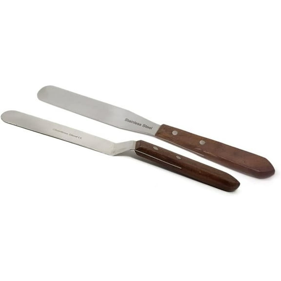 2 Pcs Cake Kitchen Spatula Wooden Handle Food Grade Jam Knife 5" Offset   Straight Blade Icing Spatula, Fork Stainless Steel Butter Spatula