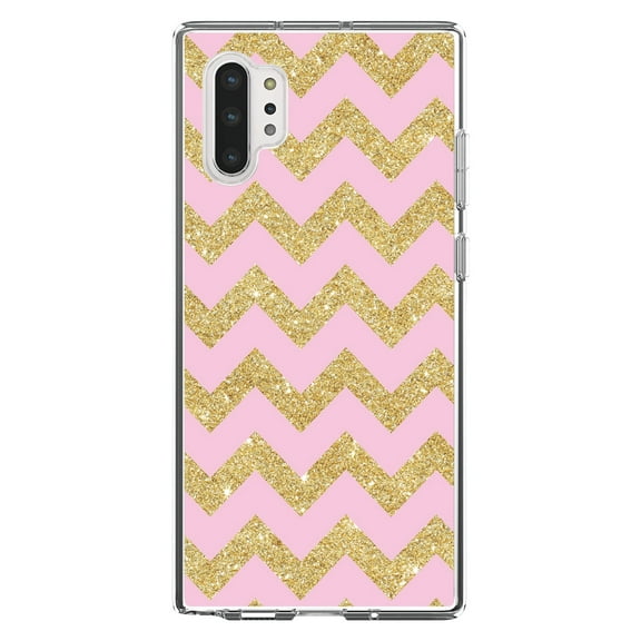 DistinctInk Clear Shockproof Hybrid Case for Galaxy Note 10 PLUS (6.8" Screen) - TPU Bumper, Acrylic Back, Tempered Glass Screen Protector - Pink & Gold Print - Chevron Pattern
