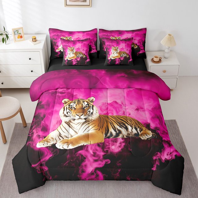Erosebridal Ensembles de Literie Tiger Faune Format Double, Ensembles de Douillette 3D Animaux avec Draps, Ensemble de Lit Réversible Adulte Ado, Décoration de Chambre Respirante, 7 Pcs