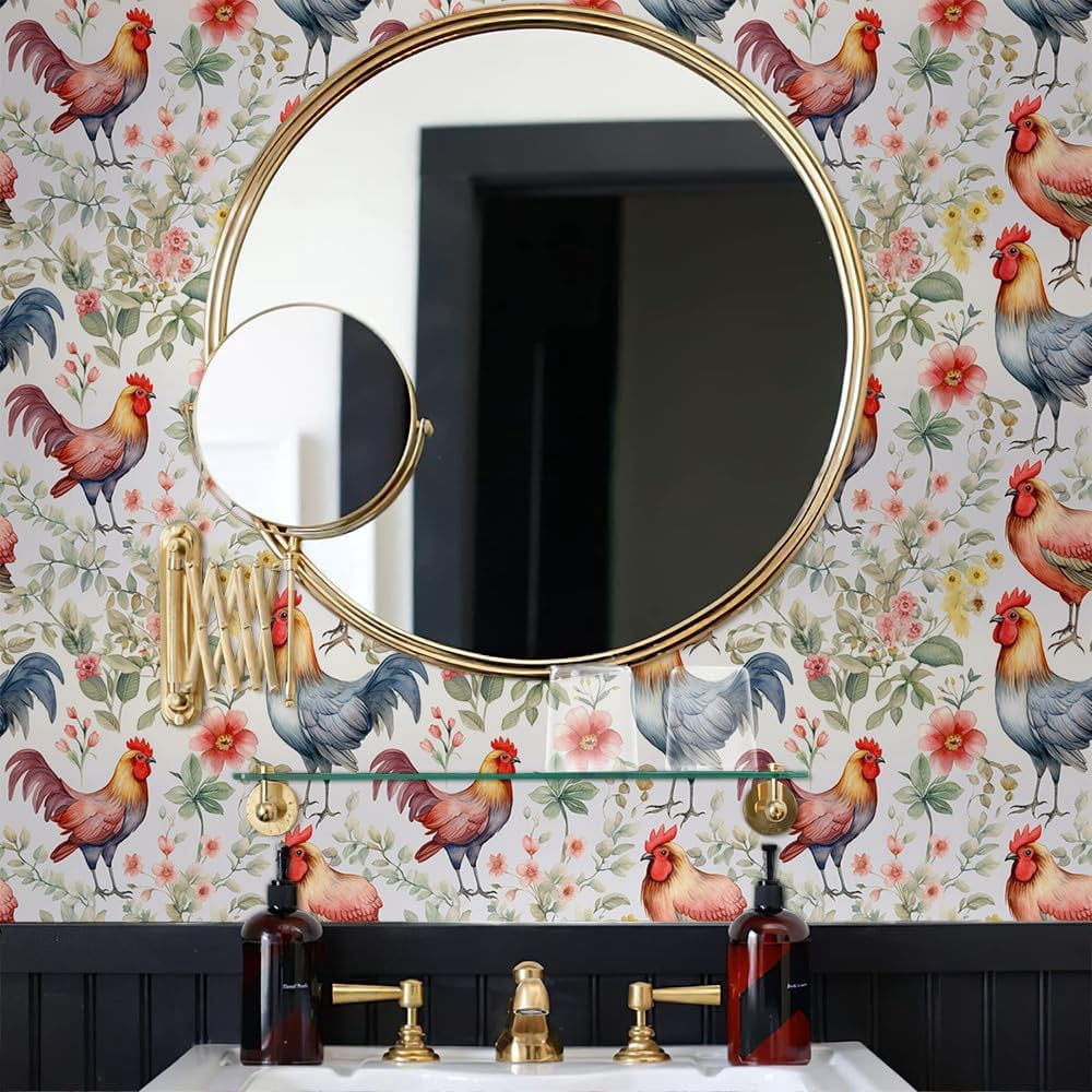 Rustic Watercolor Flowers Red Yellow Pink Rooster Farm Peel and Stick Wallpaper Contact Paper Vintage Vinyl Stick on Wall Paper for Bedroom Bathroom Kitchen Cabinet Renter Friendly