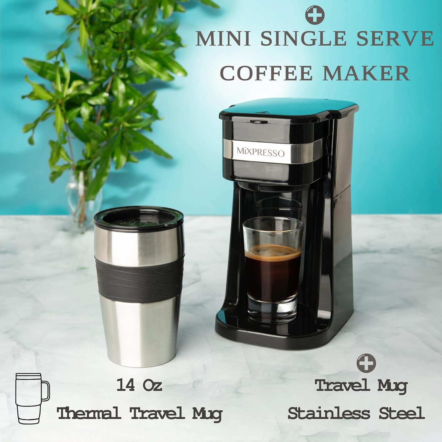 Mixpresso Personal 1-Cup Drip Coffee Maker with 14oz Travel Mug