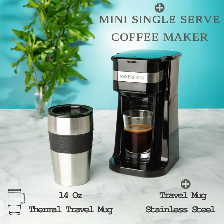 Mixpresso Coffee Maker & 14 oz Travel Thermos Mug Combo Black DCM-B-TM