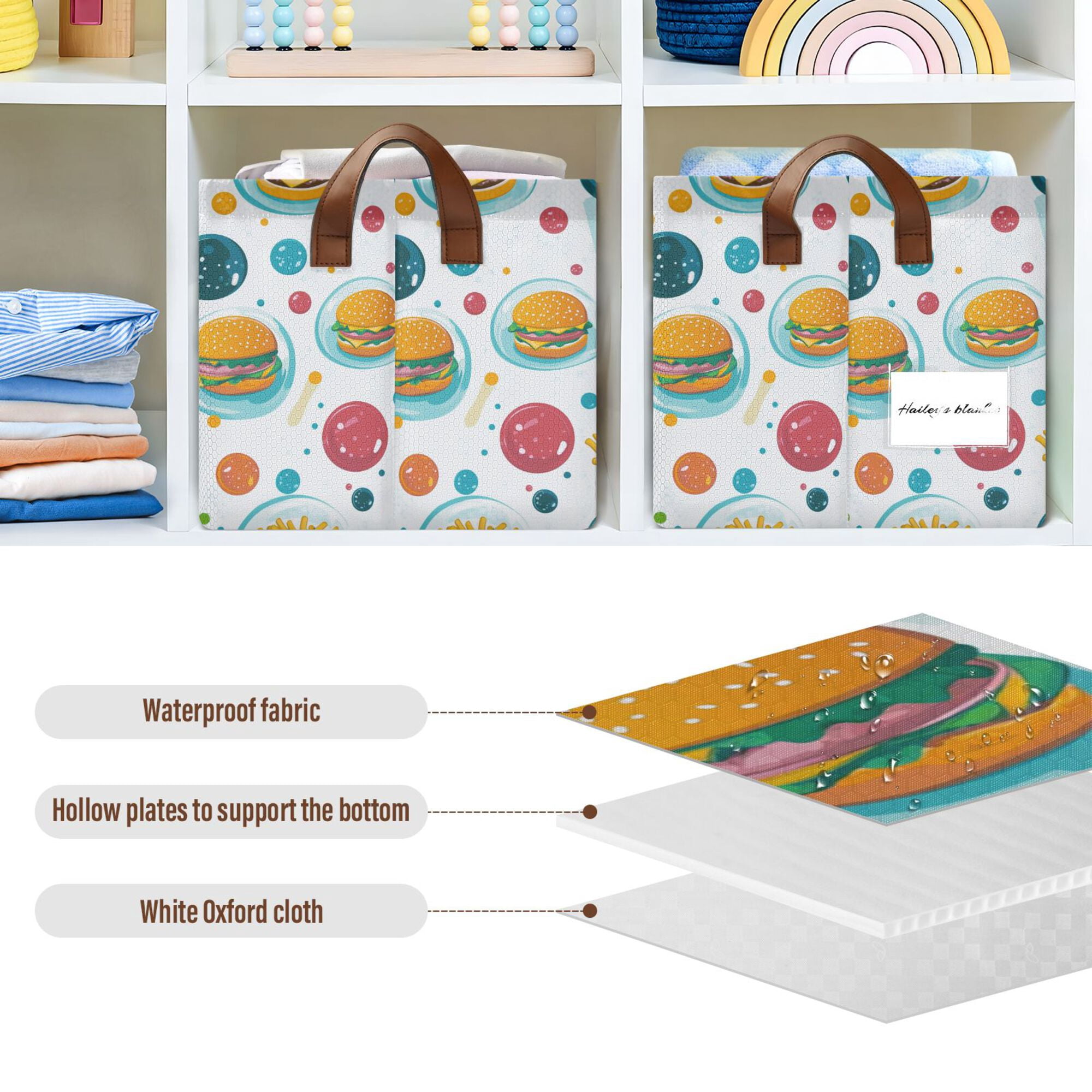 Yayeee Foldable Storage Basket for Shelves Set of 2 Waterproof Cloth Bins with Handles, Bubbles Hamburger