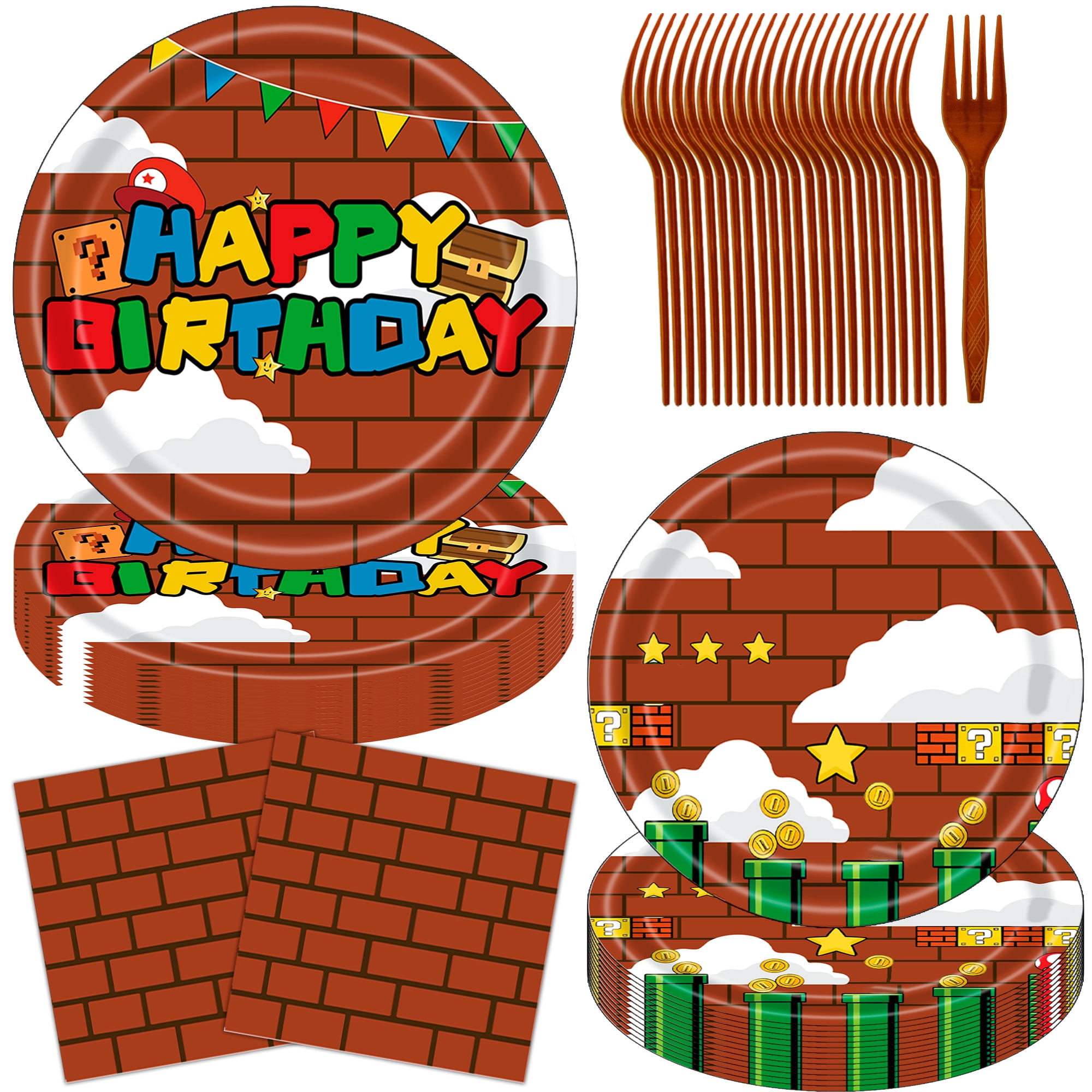 JESTAR 96 Pcs Party Supplies Set Plates Video Games Tablewear and Napkins Forks Super Brother Birthday Party Decorations for Kids Baby Shower Serves 24