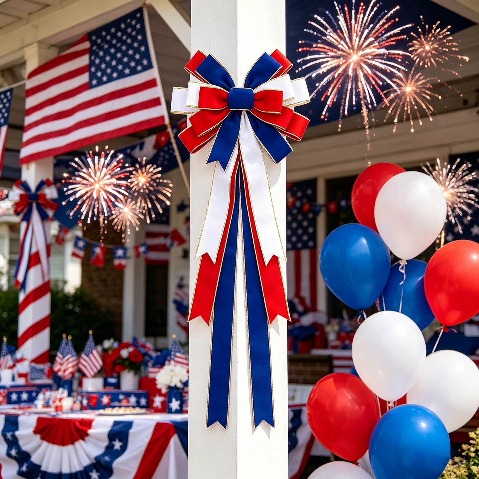 Patriotic Red White Blue Bow Ornament, 4th of July Handmade Ribbon Bow with Gold Trim, Large Independence Day Door, Porch, and Wreath Decor for Home, Party, and Holiday Celebrations