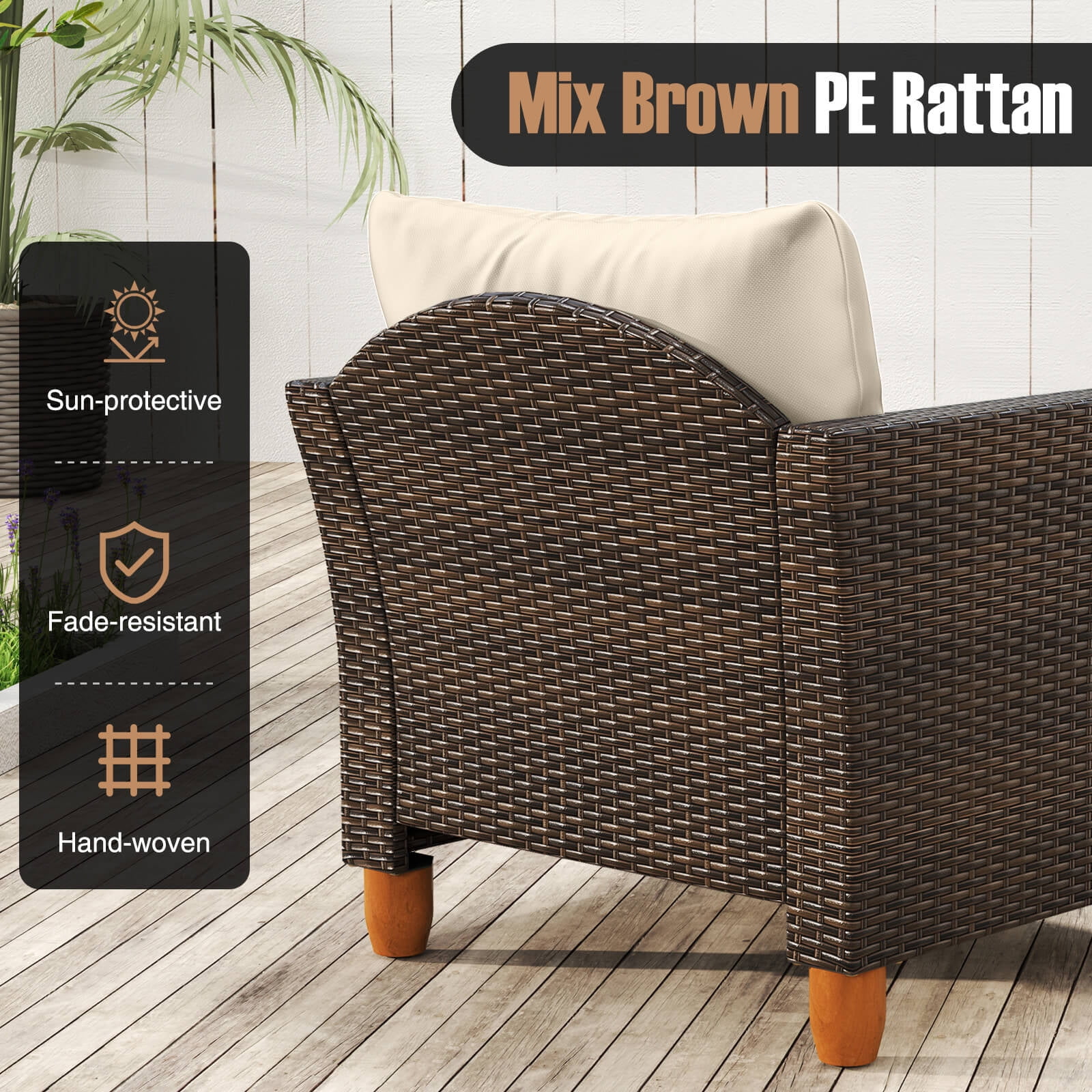 Costway 3 PCS Outdoor Patio Rattan Bistro Furniture Set Wooden Table Top Cushioned Sofa Beige