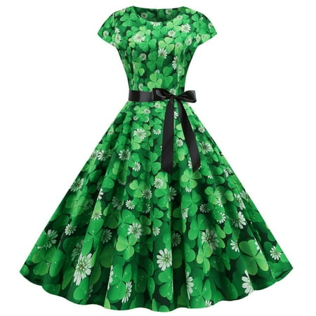 

Wyongtao Cozy Women St. Patrick s Day Retro O-Neck Printed Short-Sleeve Big Swing Dress