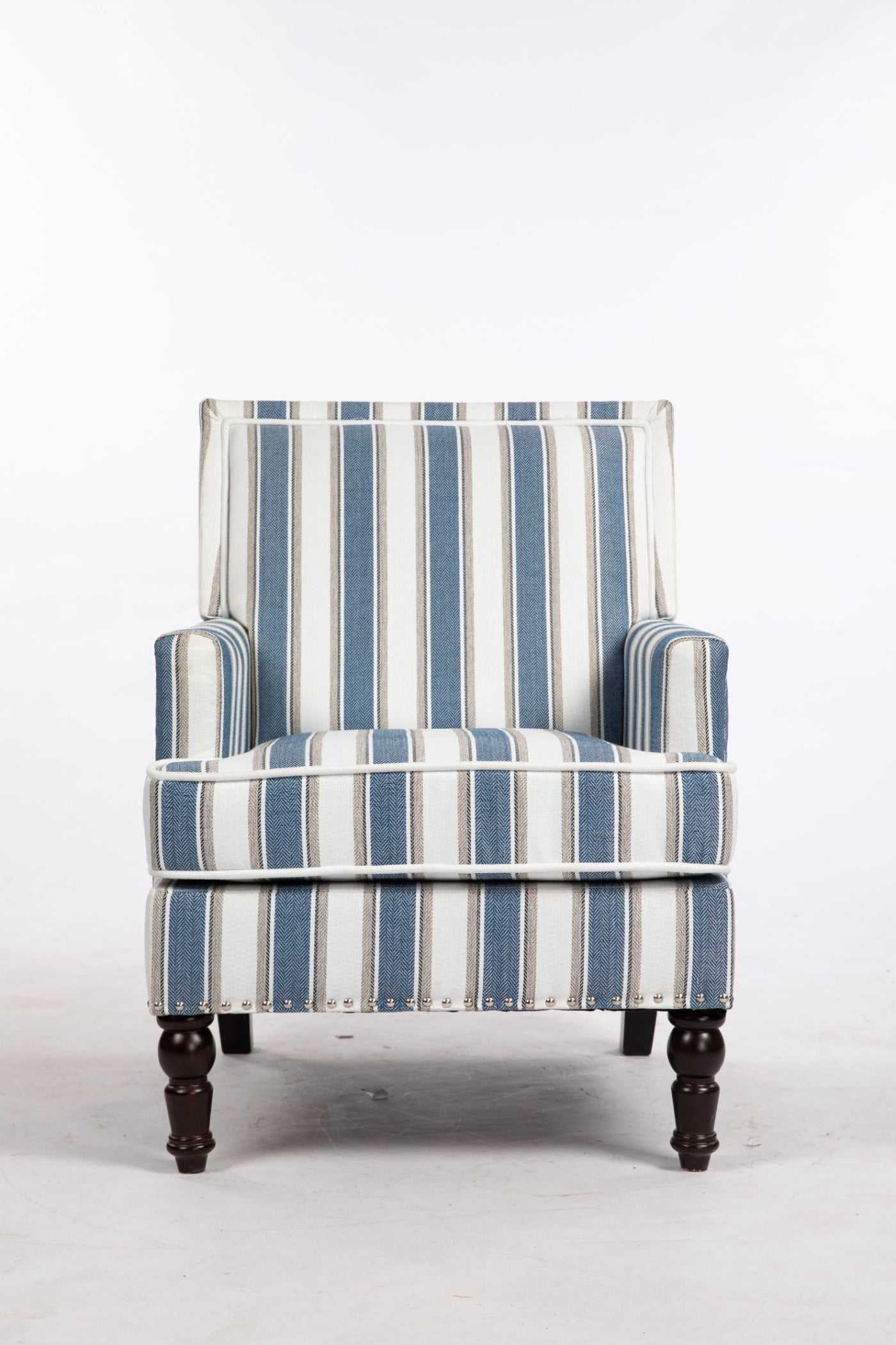 Upholstered Accent Chair with Nailhead Trim, Vintage Striped Linen Armchair, High-Density Foam Reading Chair with Solid Wood Legs for Living Room, Bedroom, Home Office, Blue & White