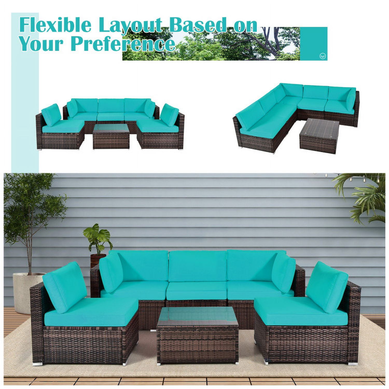 Aimee Lii 6 Pieces Patio Rattan Sectional Furniture Set with Cushions and Coffee Table, Outdoor Deck Furniture, Turquoise