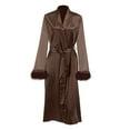 thumbnail image 4 of Lovskoo Bathrobe for Women Long Sleeve Trendy Patchwork Mesh Pajamas Satin Fuzzy Trim Robe Bridesmaid Robe Solid Color Wedding Party Robe with Belt Brown, 4 of 5