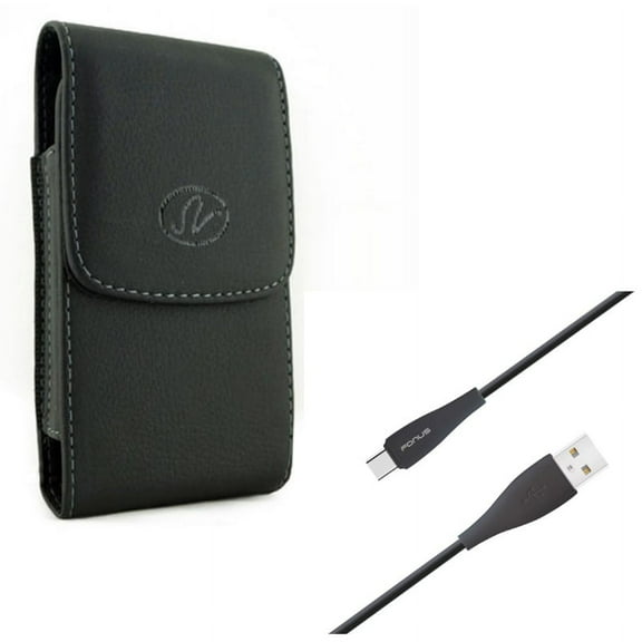 Black Leather Side Case Cover Pouch w 6ft Long TPE Type-C USB Cable Sync Wire A6K for Acer Liquid Jade Primo - Alcatel Idol 4S - ASUS ROG Phone, ZenFone AR 6 5z 4 Pro - BLU Vivo XI Plus