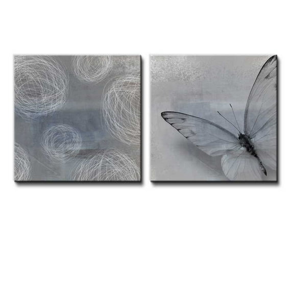 Wall26-2 Piece Canvas Set of a Monchrome Butterfly and Spheres - Canvas Art Home Art - 16x16 inches