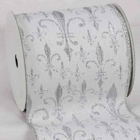 The Ribbon People White and Silver Fleur De Lis Wired Edged Craft Ribbon 6" x 20 Yards