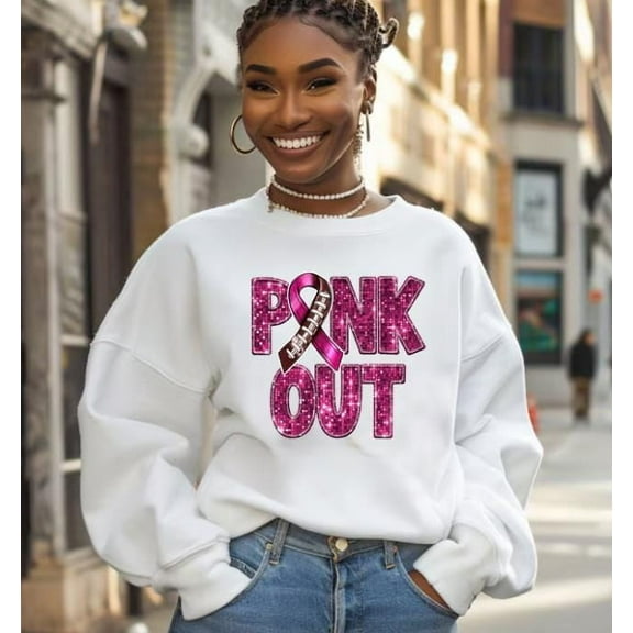 Football Pink Out Faux Sequin Sweatshirt, Breast Cancer Sweatshirt, Breast Cancer Awareness Tee, Pink Ribbon, Game Day Shirt,