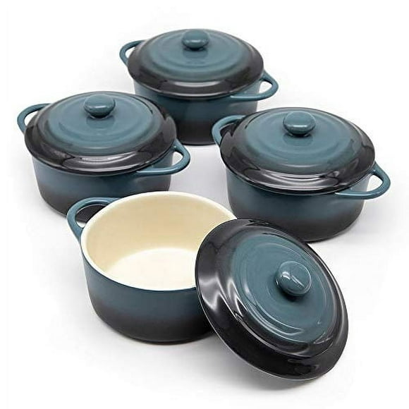 Kook ceramic Mini cocotte Set, Small casserole Dishes with Lids and Handles, Individual Baking Ramekins, Oven, Microwave Dishwasher Safe, Stoneware, 12 oz, Set of 4