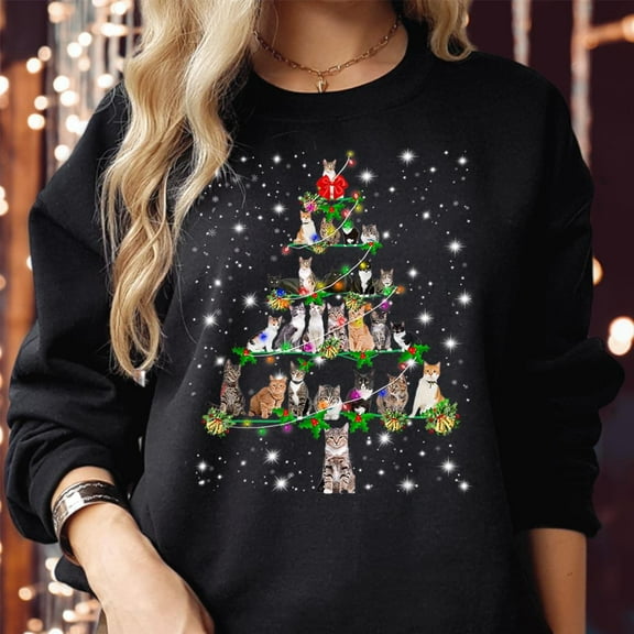 Cats Christmas Tree Sweatshirt, Funny Cat Lover Gift, Cat Mom Holiday Jumper, Ugly Xmas Kitty Sweater