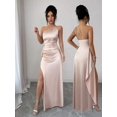 thumbnail image 4 of Womens Champagne Satin One Shoulder Ruched Waist Long Slit Evening Maxi, 4 of 7