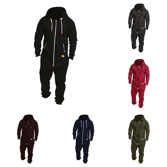 Men's Fleece Hooded Jumpsuit Color Block Zip Up Casual One Piece for Fall Winter