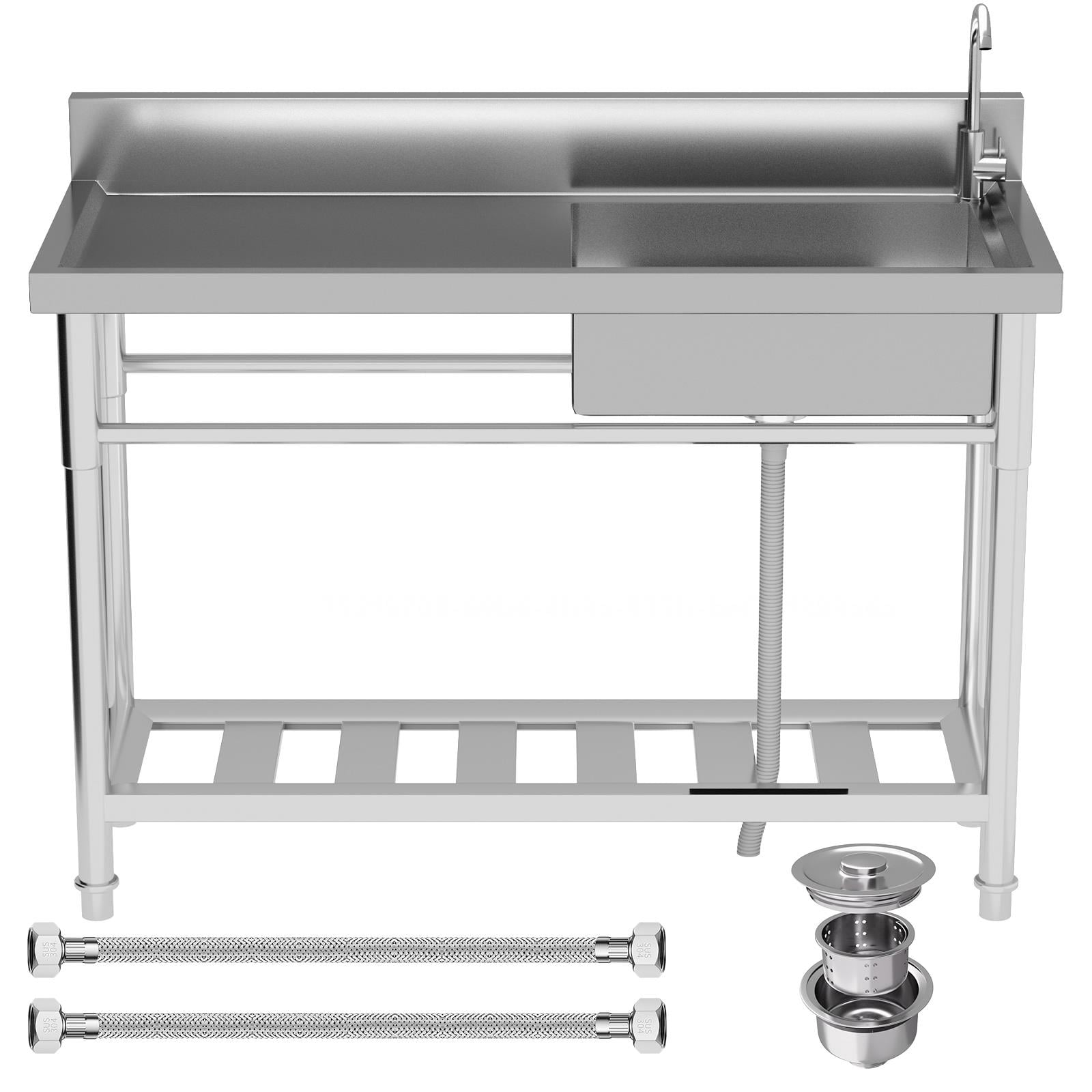 Zhuotong 47" Freestanding 304 Stainless Steel Single Bowl Commercial Sink, 360° Swivel Faucet, Backsplash, Storage Shelf & Adjustable Feet, Heavy Duty for Restaurant, Kitchen, Garage & Laundry