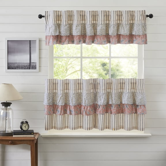 VHC Brands Kaila 3 PC Navy Ruffled Curtain Set (1 Valance 16x72 and 2 Tier 24x36)