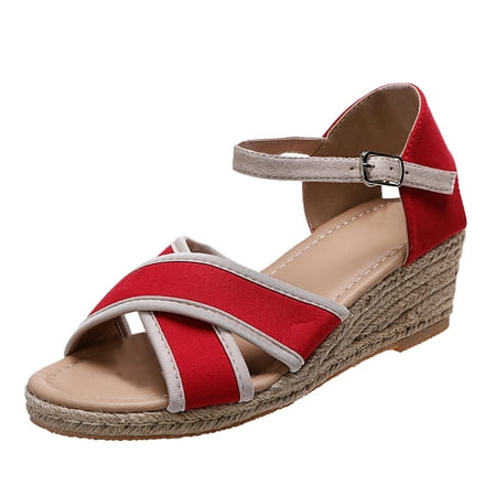 

Strappy Sandals For Women Fashion Buckle Strap Canvas Weave Wedges Beach Peep Toe Breathable Sandal Red 39