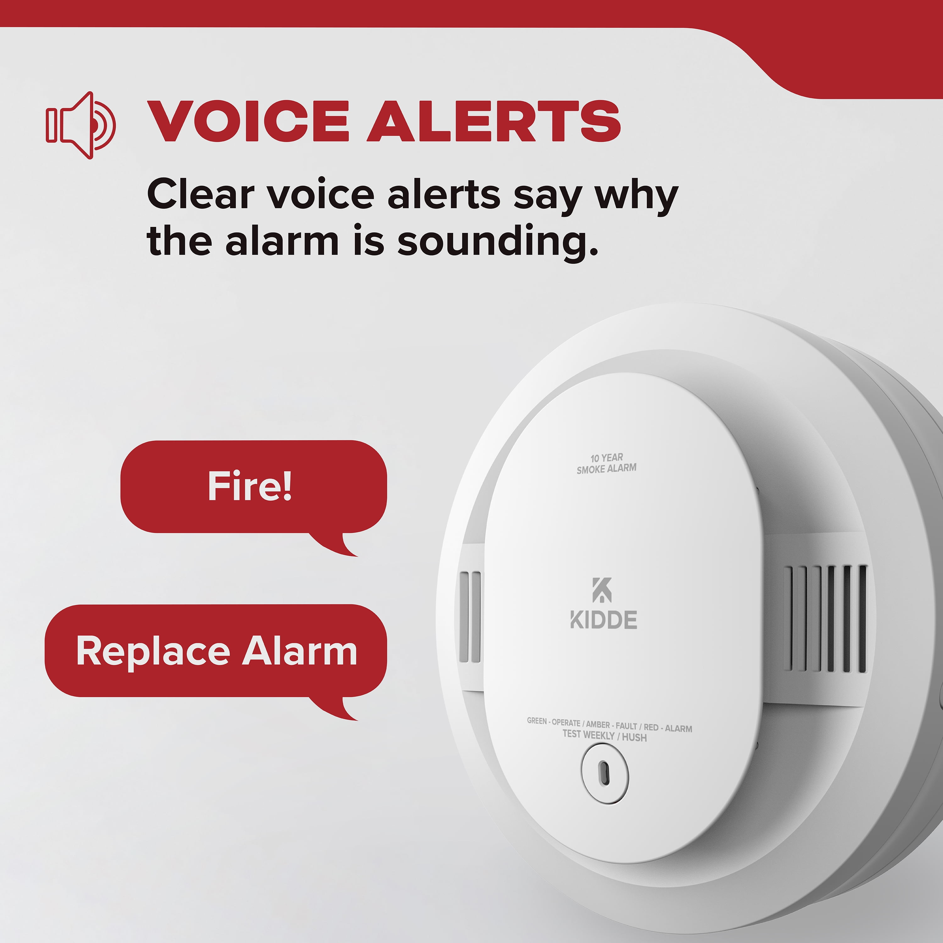 Kidde 10-Year Battery Smoke Detector, Voice Alerts & LED Warning Lights