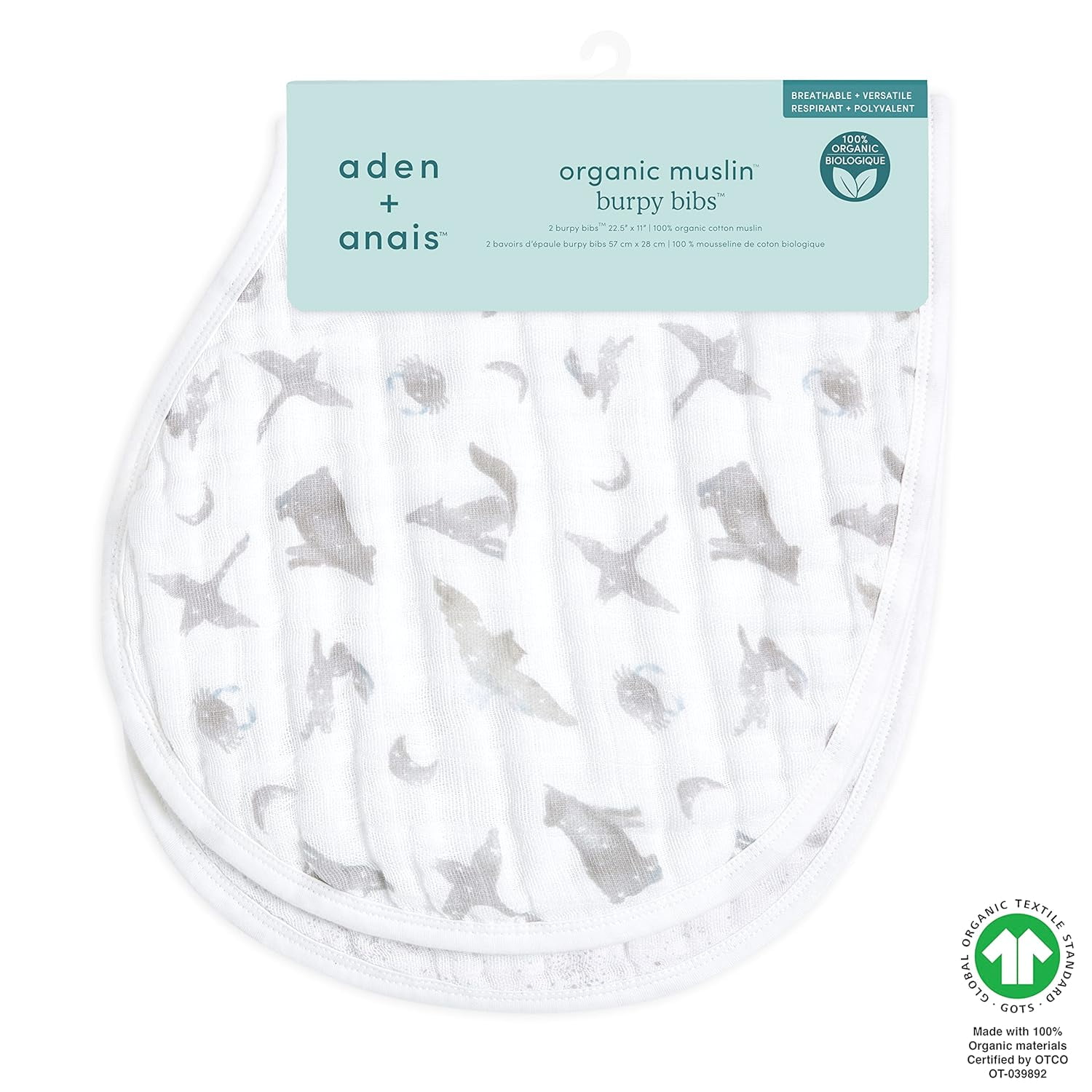 aden + anais Organic Cotton Muslin Burpy Bib, Grey Map The Stars, Unisex, 2-pack