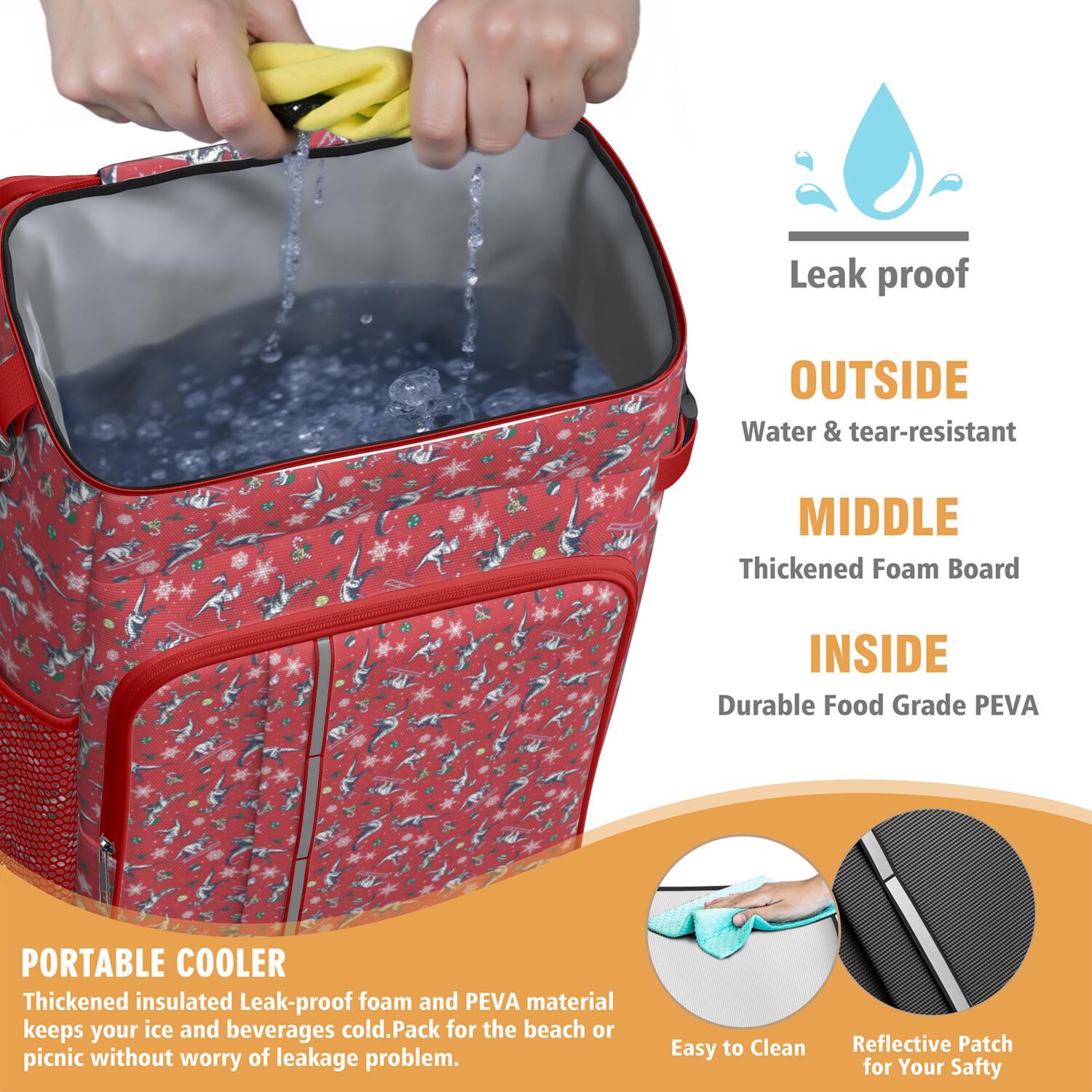 Travel Cooler Bag - Red Cartoon Dinosaurs Snowflakes Pattern Camping Beer Cooler Backpack with Bottle Opener- Waterproof Insulated Picnic Backpacks - Cooler Bag for Beach