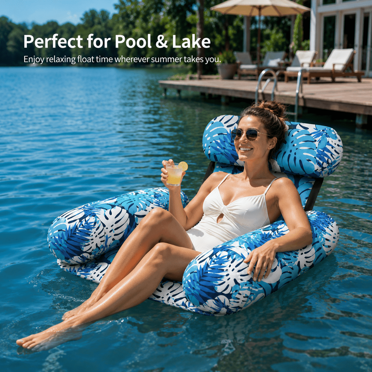 Inflatable Pool Float Chair for Adults, Tropical Leaf Floating Lounger with Headrest, Back Support and Wide Armrests for Pool & Lake