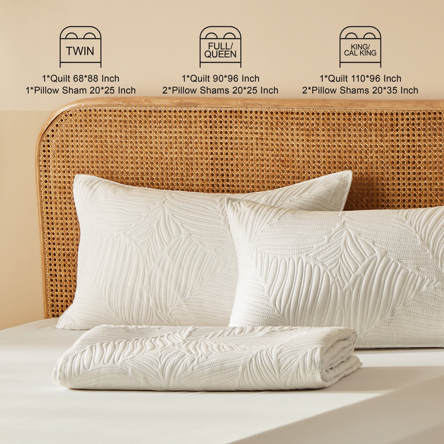 Davulos 3 Pieces Queen Quilt Bedding Set Soft Lightweight Beige Bedspread with Leaf Pattern,Microfiber Bed Coverlet Full Size for All Season