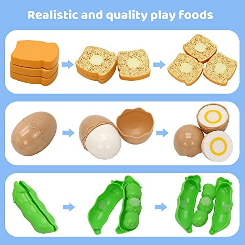 JOYIN 68Pcs Juego de corte Juguete de comida para niños pequeños Cocina, Comida falsa para niños Cocina de juego, Incluye frutas y verduras de plástico, Cesta de almacenamiento, Mini platos y cuchillo