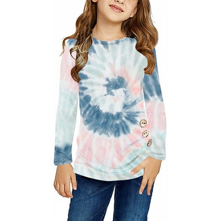 

Hunpta Kids Girls Casual Tunic Tops Knot Front Button Tie Dyed Long Sleeve Casual Loose Blouse T Shirt Tee