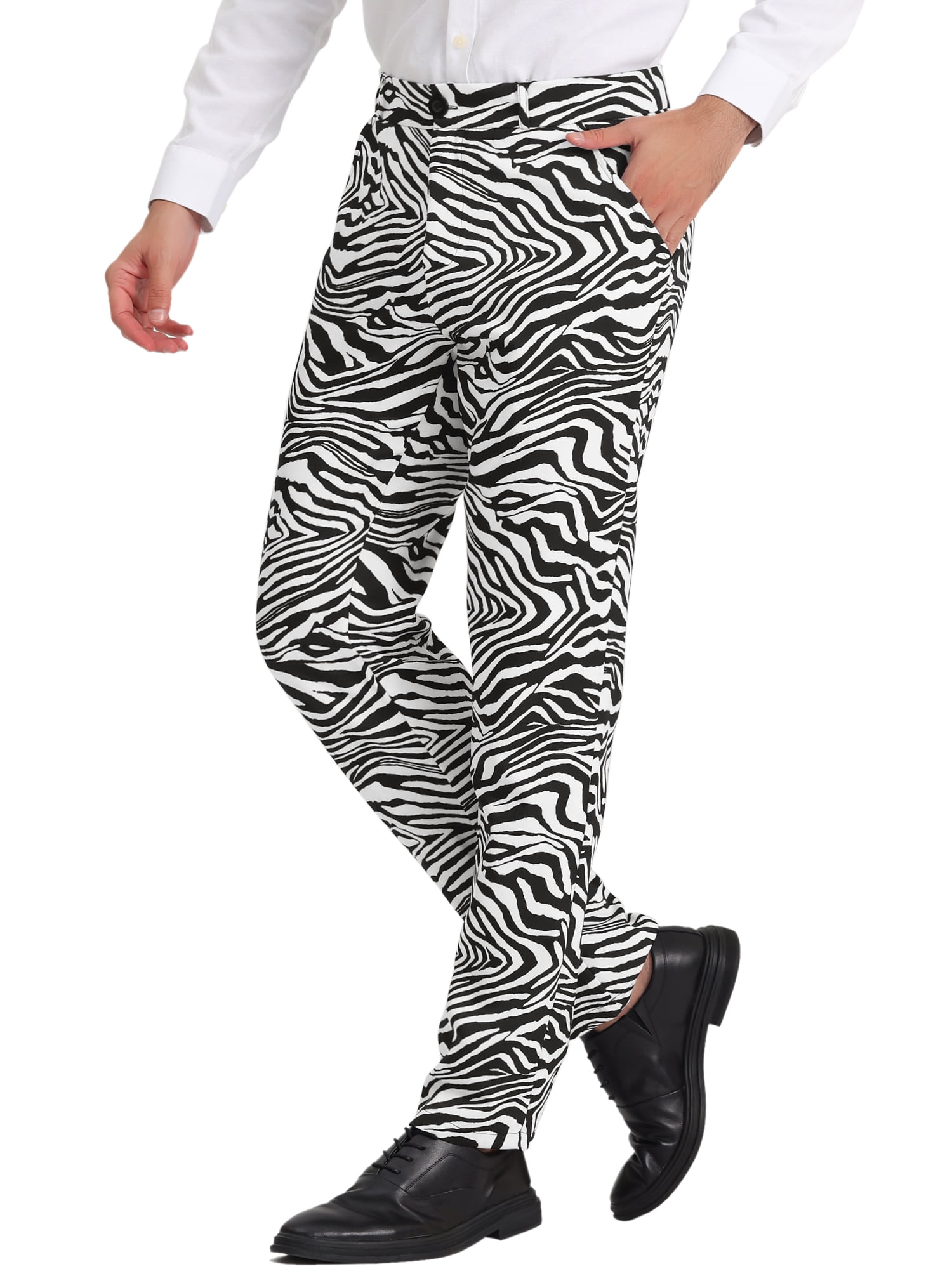 Unique Bargains Men's Animal Printed Flat Front Zipper Closure Party Prom Dress Pants 30 Zebra Print