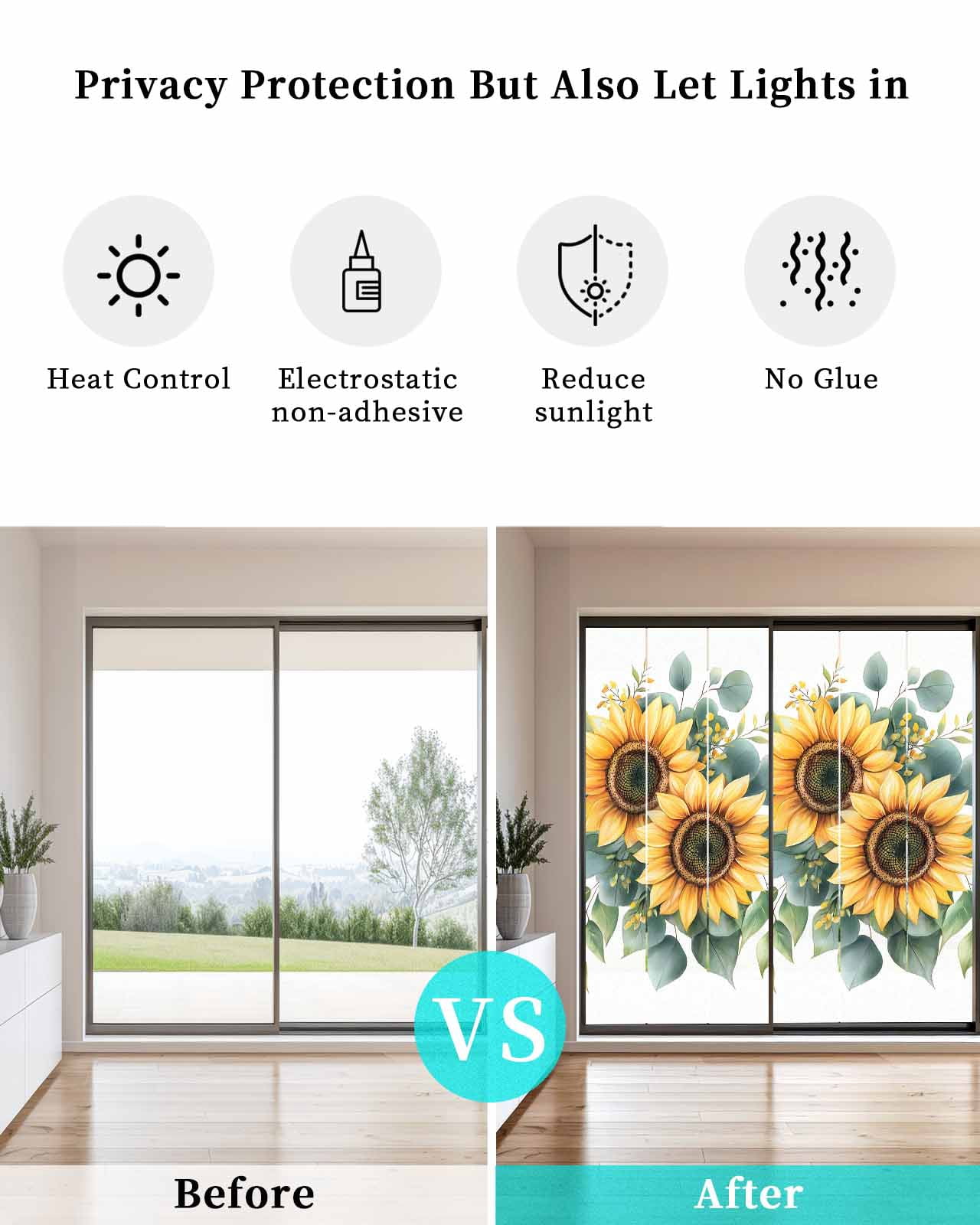 Window Privacy Film Sunflower Stained Glass Window Film Decorative Sun Block Window Cover Green Eucalyptus Leaves Watercolor Botanical Window Clings Static Adhesive Sticker for Bathroom 23.6"x59"