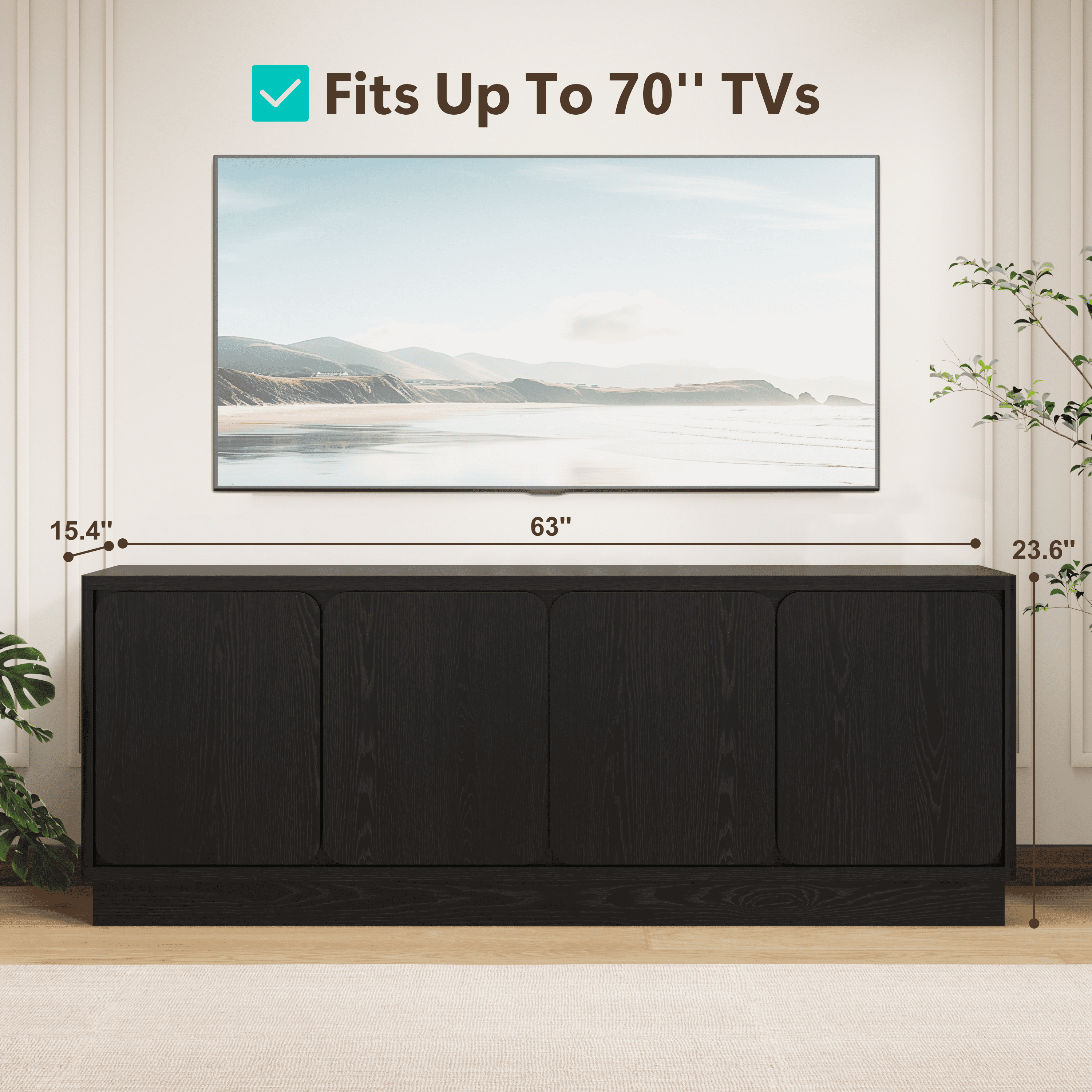 Mintazer 63'' TV Stand with 4 Storage Doors, Low Profile Storage Media Console Table with Cable Holes for Living Room, Kitchen, Bedroom & Entryway, Black