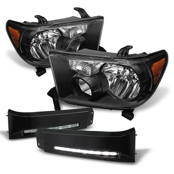 AKKON - Fits 2007-2013 Toyota Tundra Pickup Truck Black Headlights Blk DRL Daytime Running Fog Lights Pair Left Right