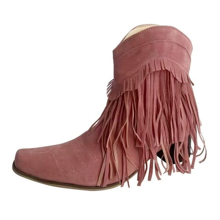 

Stamzod Clearance Boots For Women Western Cowboy Boho Tassel Fringes Slip On Square Heels Cowgirl Women s Winter Ankle Retro Shoes
