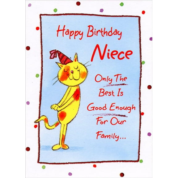 Designer Greetings Yellow Cat with Red Foil Hat Birthday Card for Niece