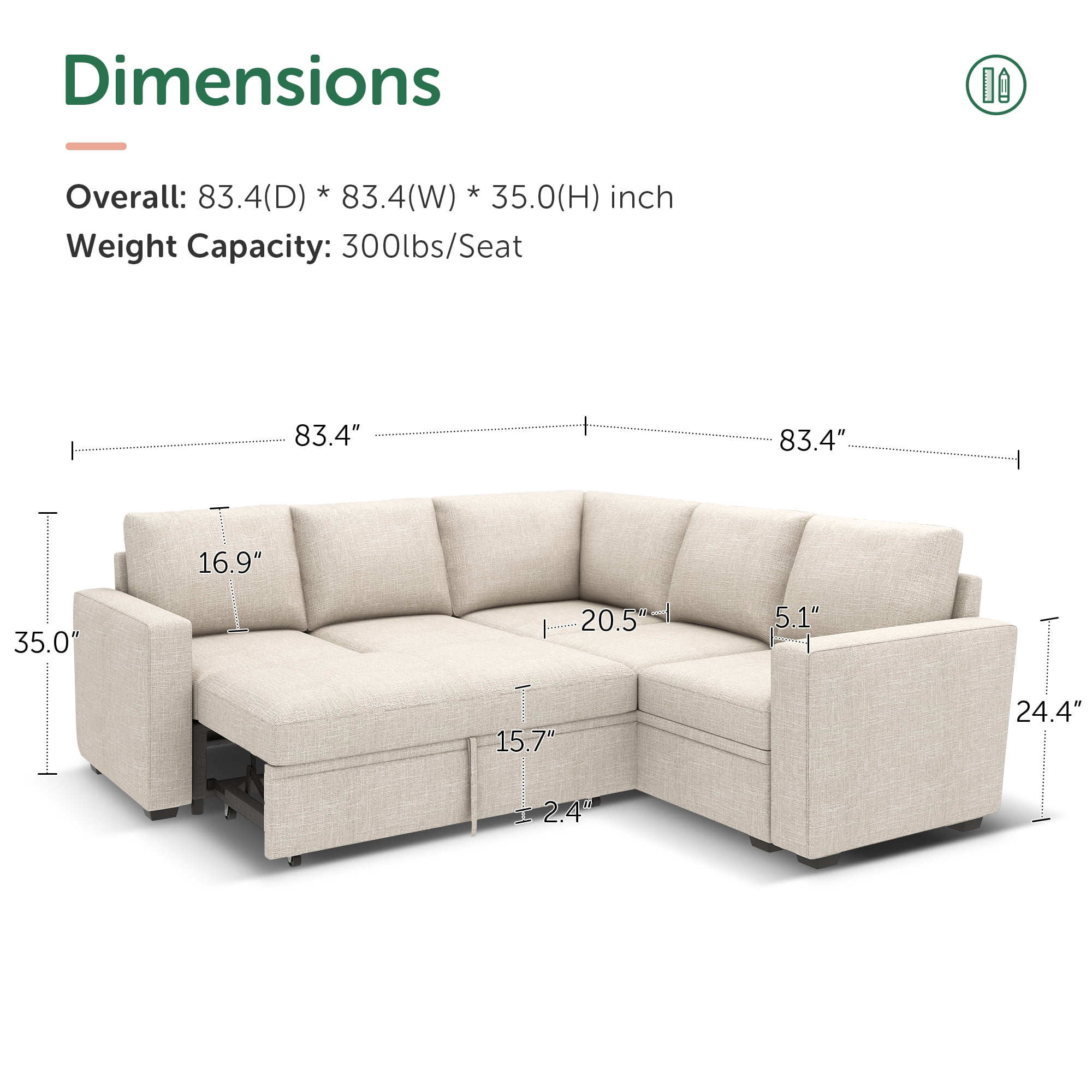 Marrber Modern L-Shaped Pull-Out Sectional Sleeper Sofa Bed with Storage for Living Room, Beige