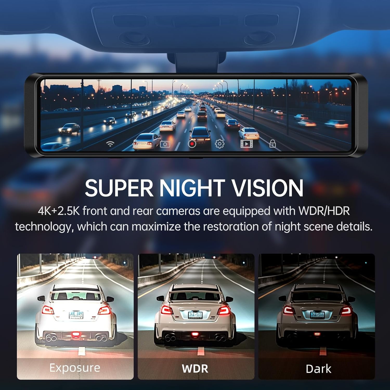 4K UHD Dual Dash Cam Front and Rear, 12"Touch Screen Mirror Dash Cam, Night Vision, Voice Control, G-Sensor, Including 32GB SD"