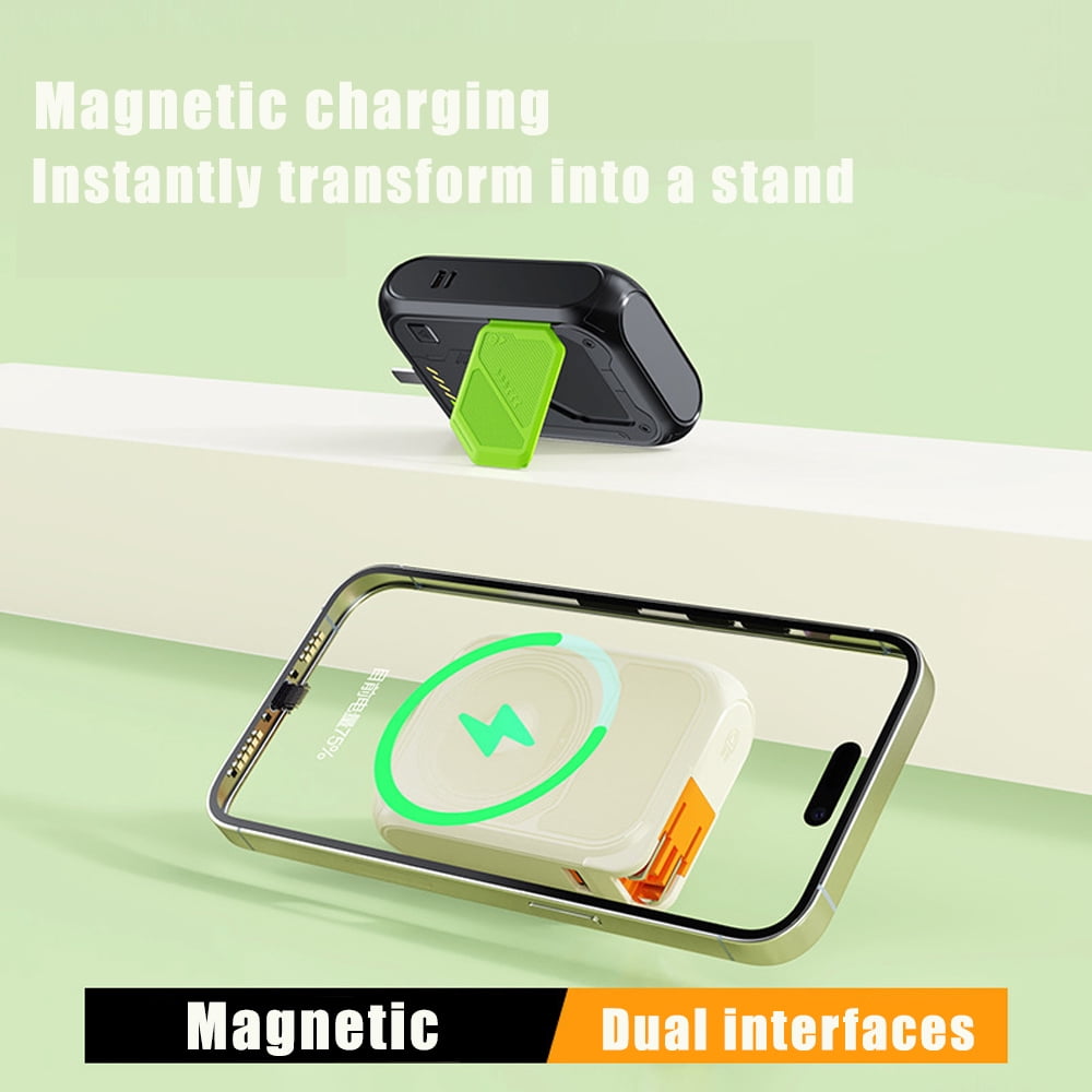 Dexqynl Magnetic Power Bank, 20000mAh Portable Charger, with Foldable Wall Plug, Detachable Data Cable, Foldable Bracket, Outdoor Emergency Backup Battery, Compatible with iPhone, Samsung, Green
