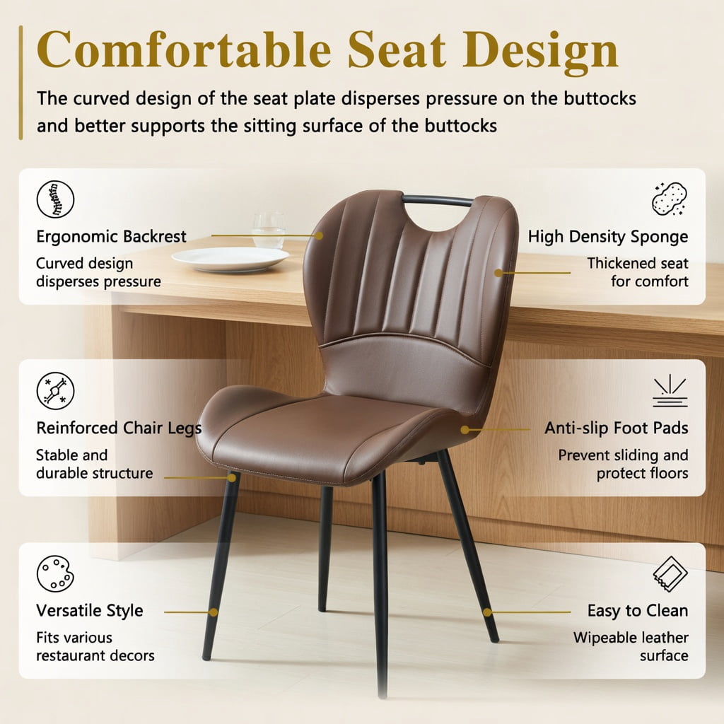 Hommoo Set of 4 Modern PU Leather Dining Chairs with Black Metal Frame, Ergonomic Wide Seat, Adjustable Leveling Feet & Integrated Handle for Kitchen, Office, or Bedroom Use, Brown