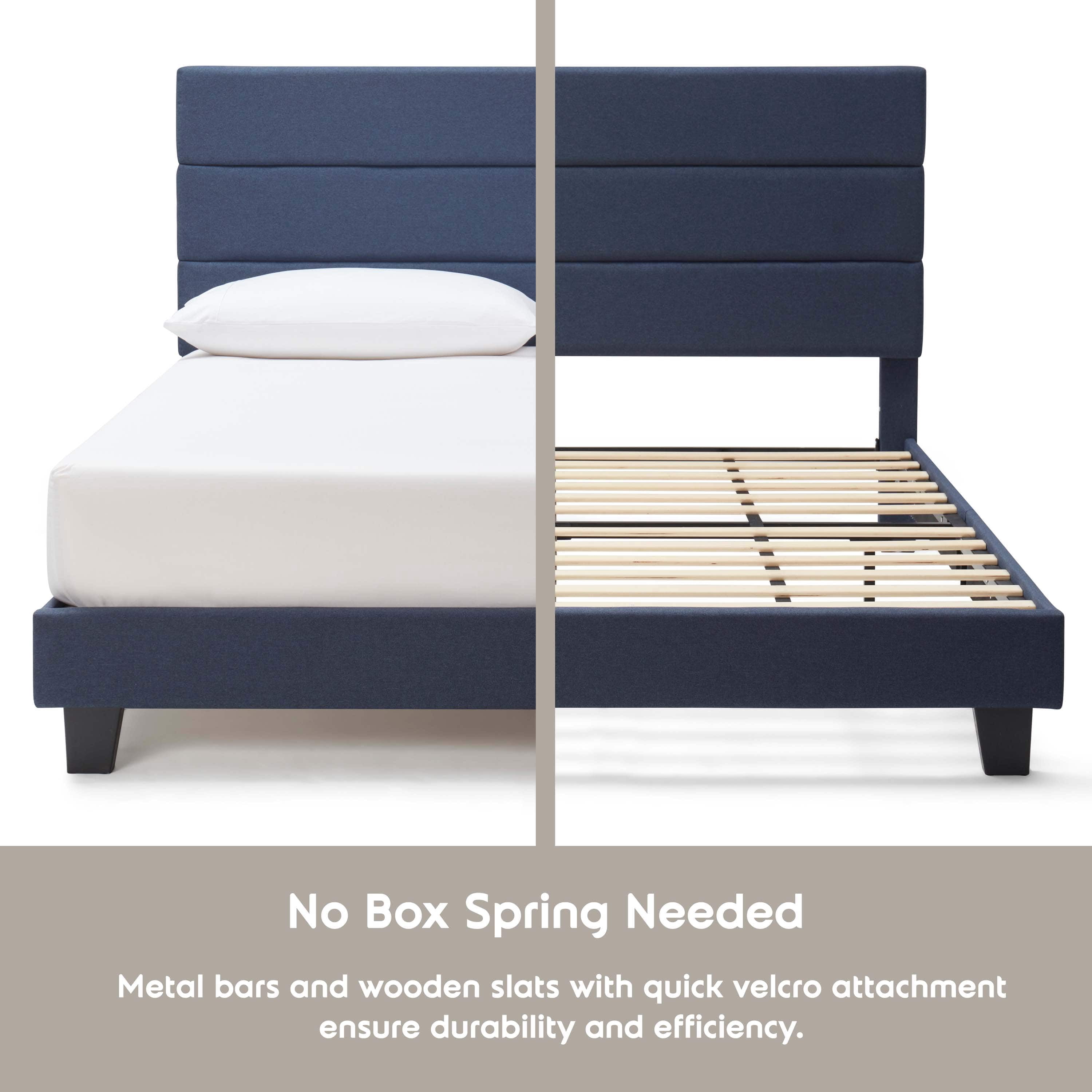 Lammaloe King Size Platform Bed Frame with Horizontal Channel Upholstered Headboard, Navy, King