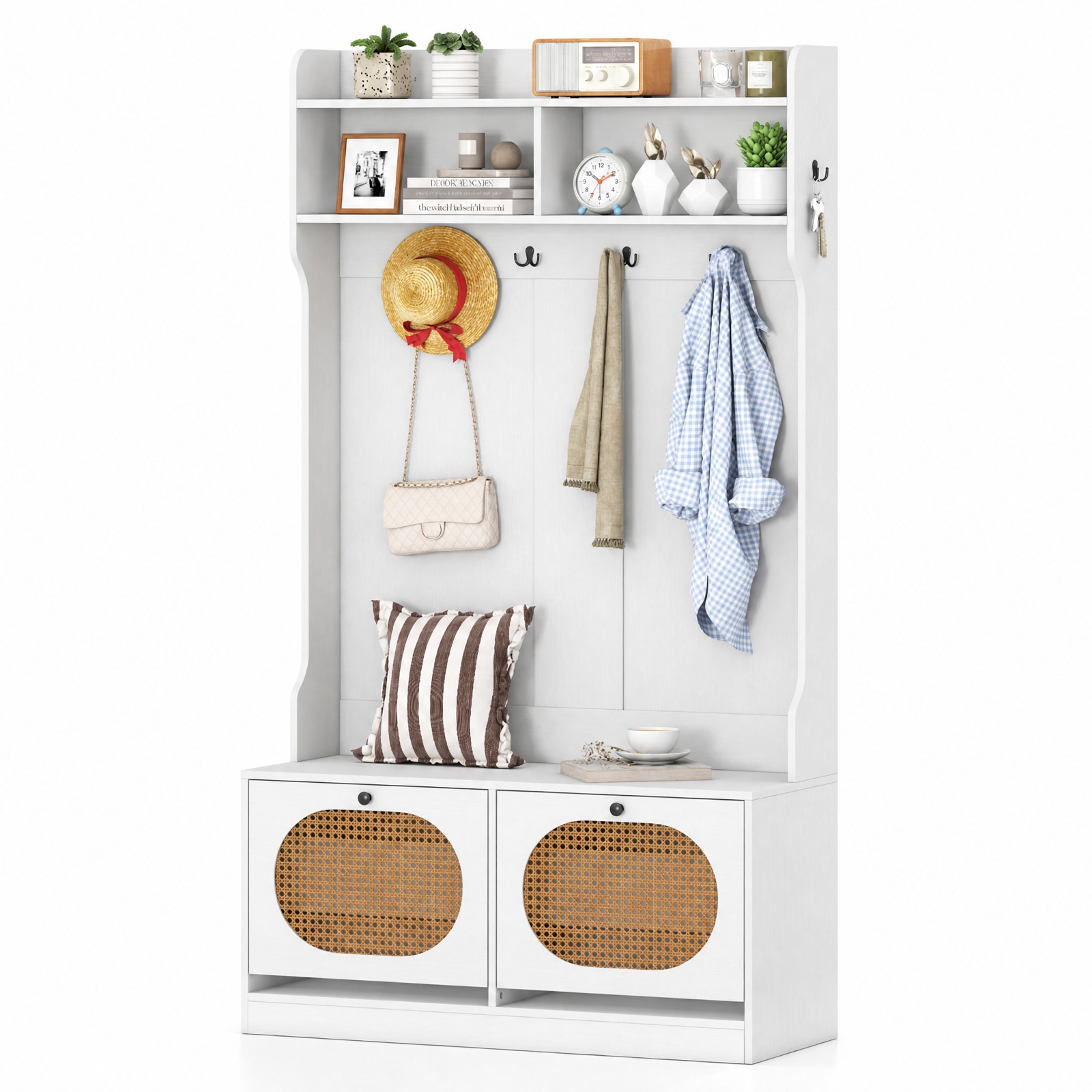 Furnibear 4 in 1 Entryway Hall Tree with Coat Rack and Flip Drawers and Storage Bench for Mudroom and Foyer and Hallway, White