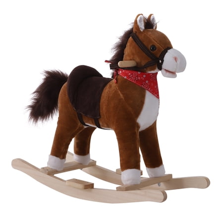 Qaba Kids Ride on Rocking Horse Plush Toy with Realistic Sounds and Red Scarf for Over 3 Years Old Birth Gift