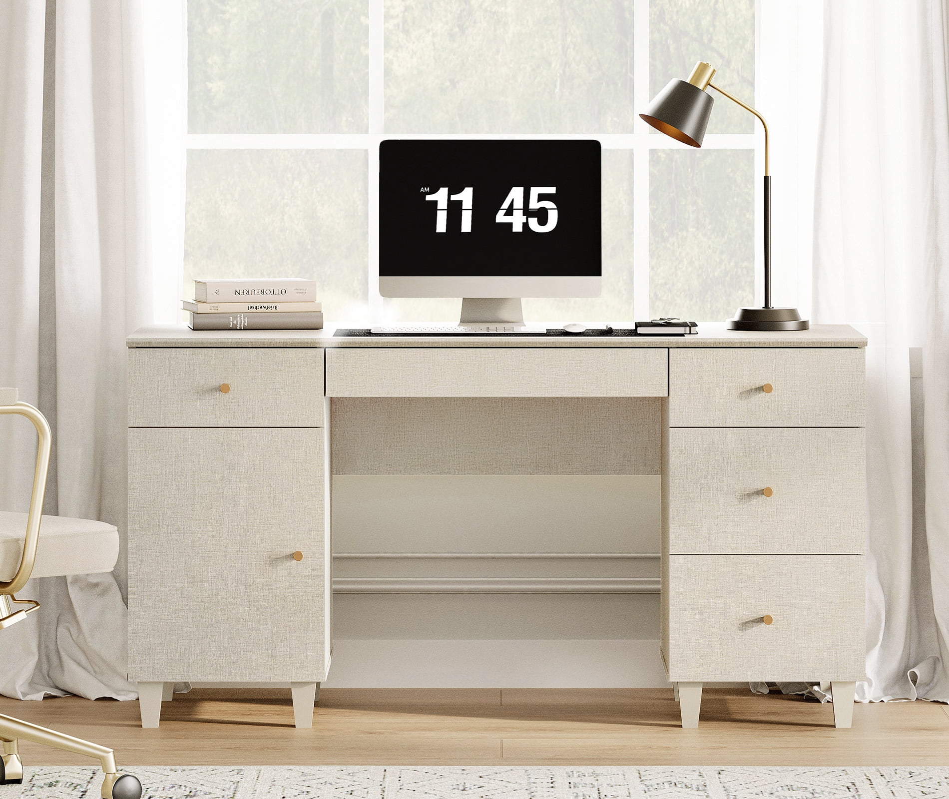 58" Executive Desk with 5 Drawers and 1 Door, Modern Farmhouse Home Office Computer Table with Charging Station, Beige