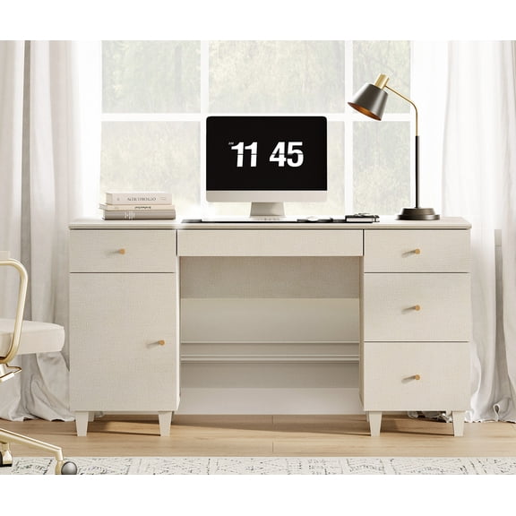 WAMPAT 58" Executive Desk with 5 Drawers and 1 Door, Modern Farmhouse Home Office Computer Table with Charging Station, Beige