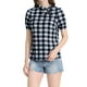 thumbnail image 5 of Blusa de cuello con lazo de cuadros para mujer Inspire Chic, retro, de manga corta abullonada, color negro, talla XL, 5 of 7