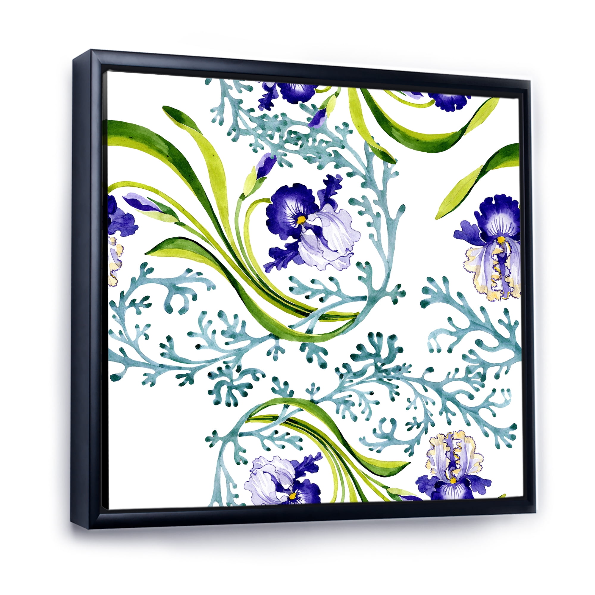 Designart 'Abstract Blue Iris With Wild Spring Leaves' Traditional Framed Canvas Wall Art Print