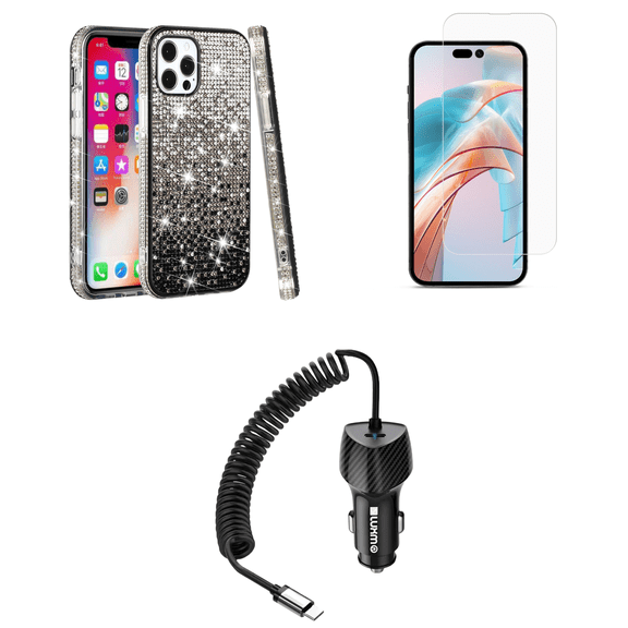 Bemz Sparkling Case for iPhone 15 Plus, Diamond Glitter Gem Bling Hybrid Protector Cute Women Girls Cover, Glass Screen Protector, 40W Car Charger (USB-C Port) - 5 Foot (Black Silver Wave)
